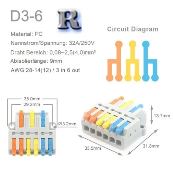 Mini Quick Abzweigklemme 6 Polig Push-In Anschlussklemme 3 Pin