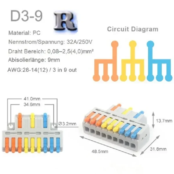 D3-9 Mini Hebelklemme 9 Polig Anschluss 3 Phasen Splitter