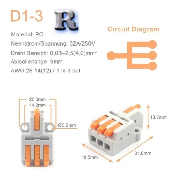 Mini Abzweigklemme 3 Polig Push-In Hebelklemme Elektro Kabelklemme