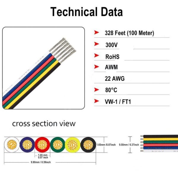 100m LED Kabel 6 PIN Anschluss Verlängerung Litze 6 polig 22AWG