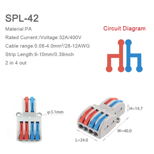 SPL42 Push-In Kabelverbinder 2 zu 4 PIN Draht Kabel Splitter