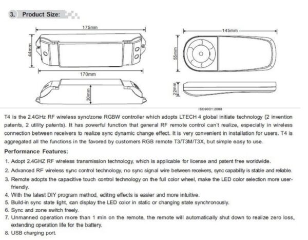 LTECH T4 RGBW 8 Zonen Fernbedienung RF 2.4G LED T-PWM WIFI Wireless