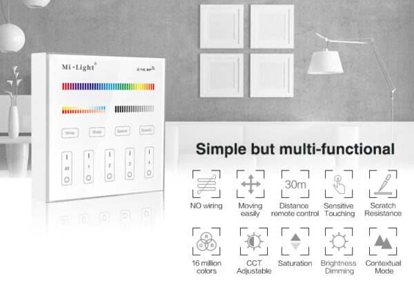 LED Wandschalter Kabellos Touch Panel RGB+CCT 4 Zonen 2.4G MiLight B4